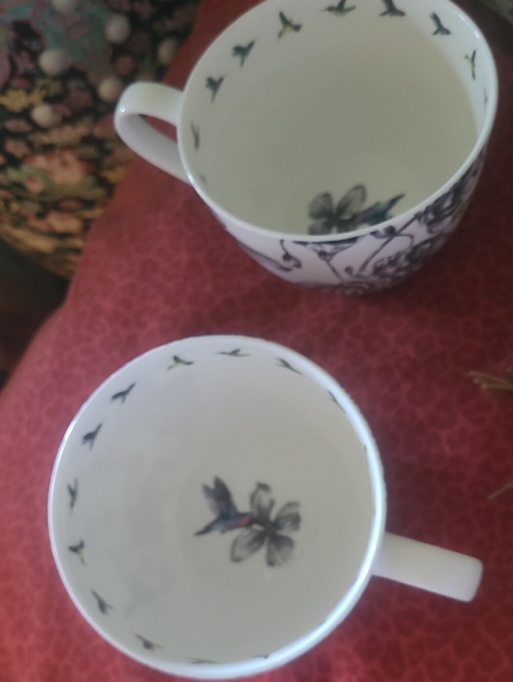 White Floral Hummingbird Porcelain Tea Cups PORTOBELLO by - Set of 2 - Picture 4 of 5